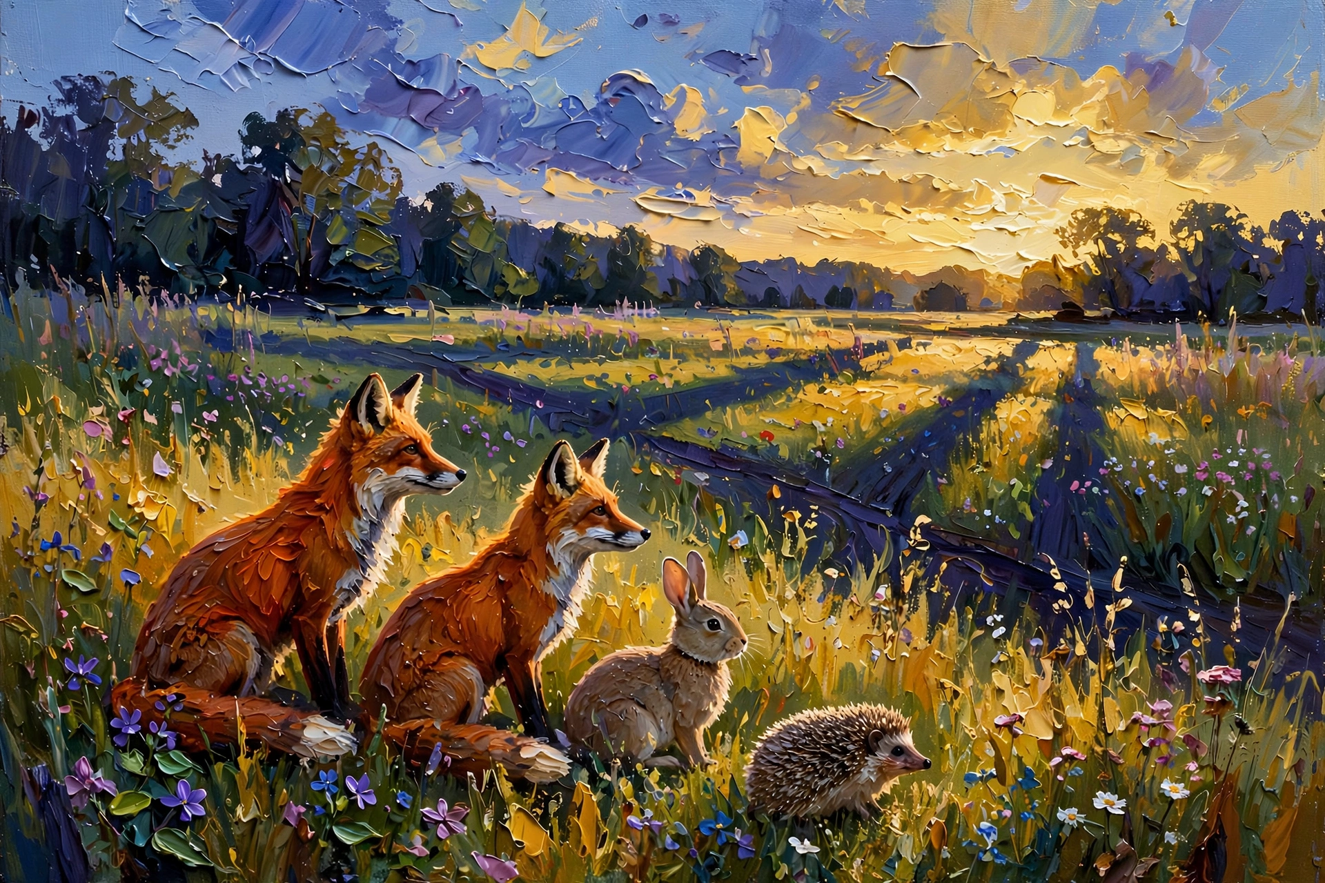 Original artwork for the advantages section: foxes, a rabbit and a hedgehog in a sunlit meadow, painted in thick oil strokes