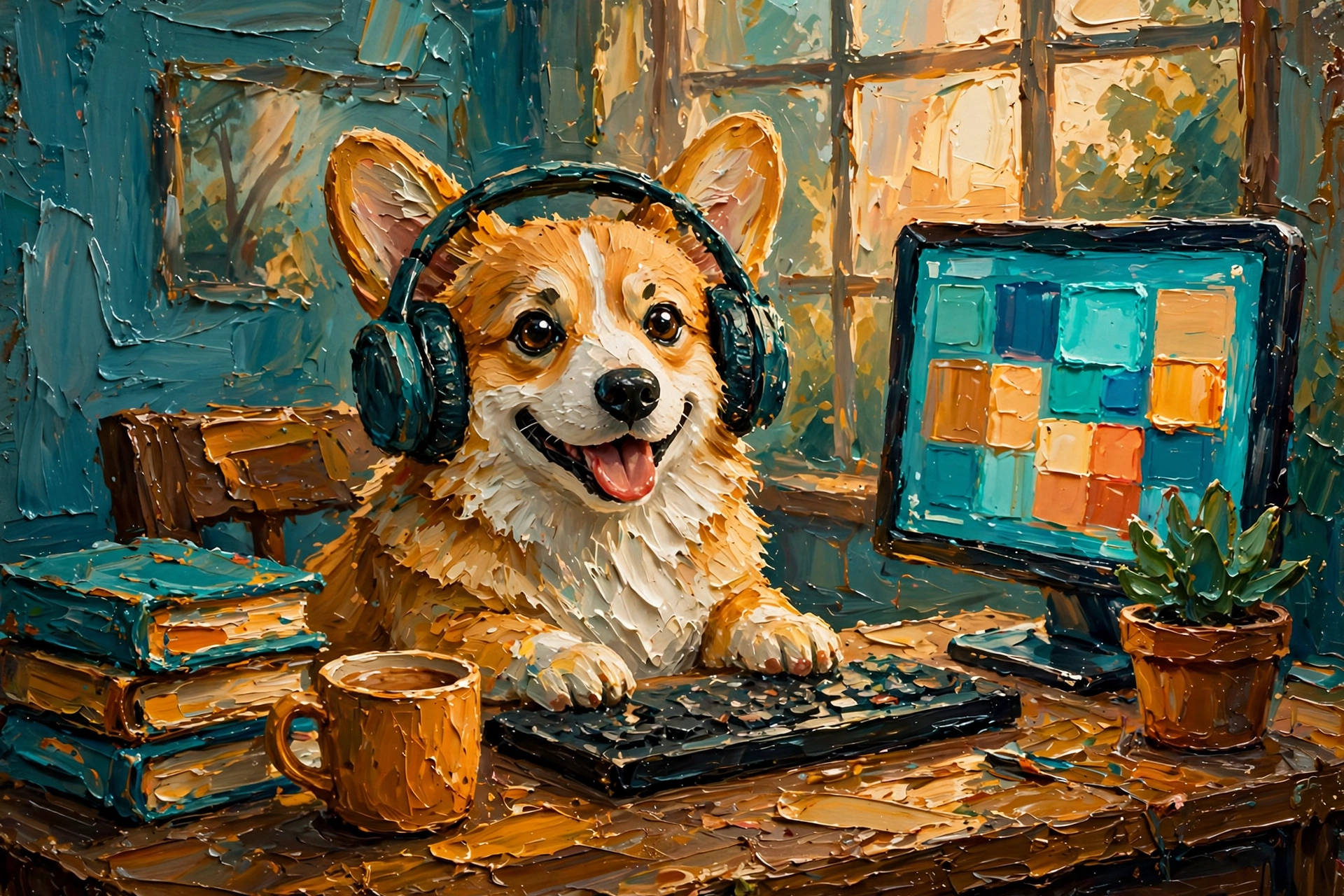 Original artwork for Build: a corgi in headphones working at a desk, painted in thick oil strokes