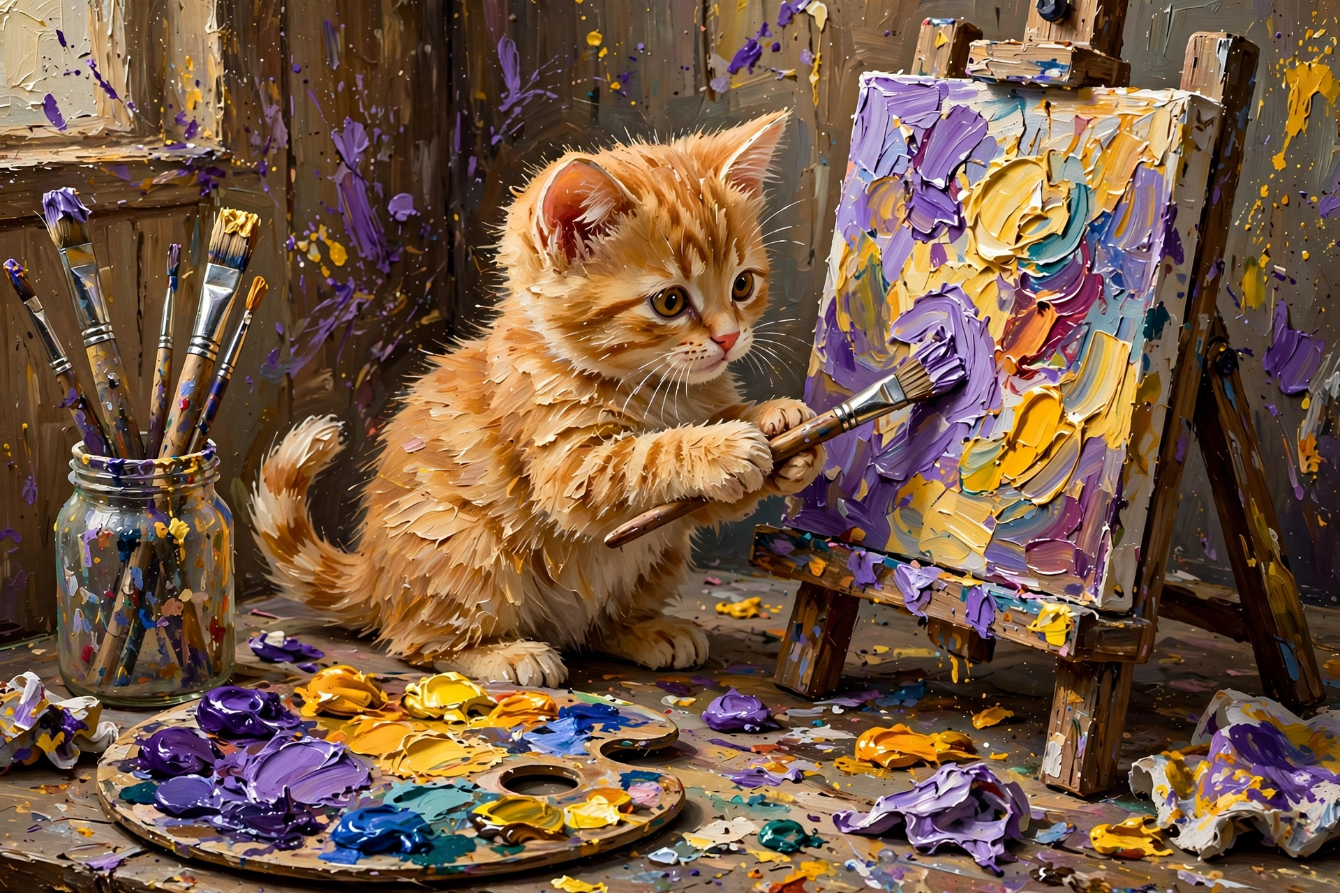 Original artwork for Create: a kitten painting a canvas at an easel, painted in thick oil strokes