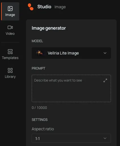 Captura de pantalla de Studio: el panel del generador de imágenes con un selector de modelo, un cuadro de prompt y la relación de aspecto