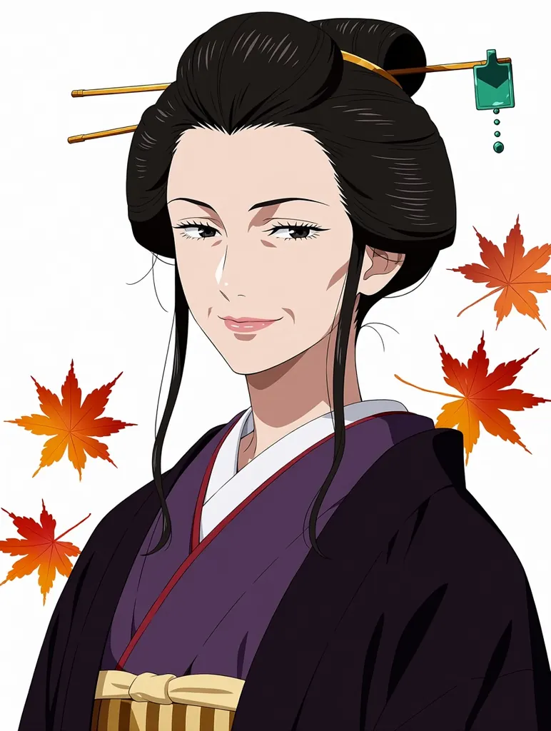 Anime illustration portrait of a mature adult woman in her late thirties with an elegant long face, defined cheekbones, faint smile lines and a calm confident gaze, long dark hair pinned up with a jade hairpin, wearing a deep indigo kimono with a gold obi, autumn maple leaves drifting behind her, clean line art, soft cel shading, adult proportions, no text