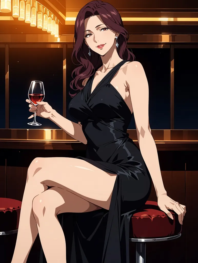 Anime illustration of an elegant adult woman in her late thirties with a mature face, faint smile lines and long wavy burgundy hair, wearing a black satin evening dress with a high slit, seated on a velvet bar stool in a dim jazz lounge, a glass of red wine in her hand, sultry knowing smile, warm amber lighting, refined line art, adult proportions, no text, no letters, no signature, no watermark