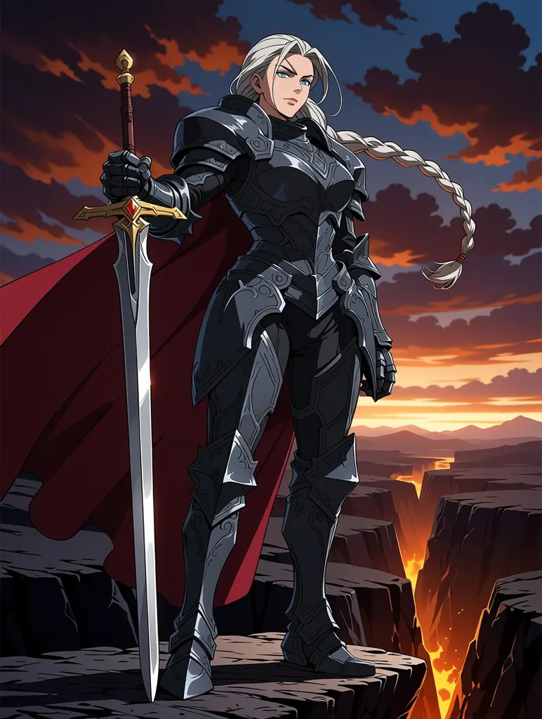 Anime fantasy key visual of a seasoned female knight commander, a grown woman in her late thirties with a long silver braid, a scar over one eyebrow and a strong mature face, ornate dark steel armor shaped for a woman with a crimson cape, planting a greatsword on a cliff above a burning valley at dusk, dramatic sky, detailed line art, cel shading, no text, no signature, no watermark