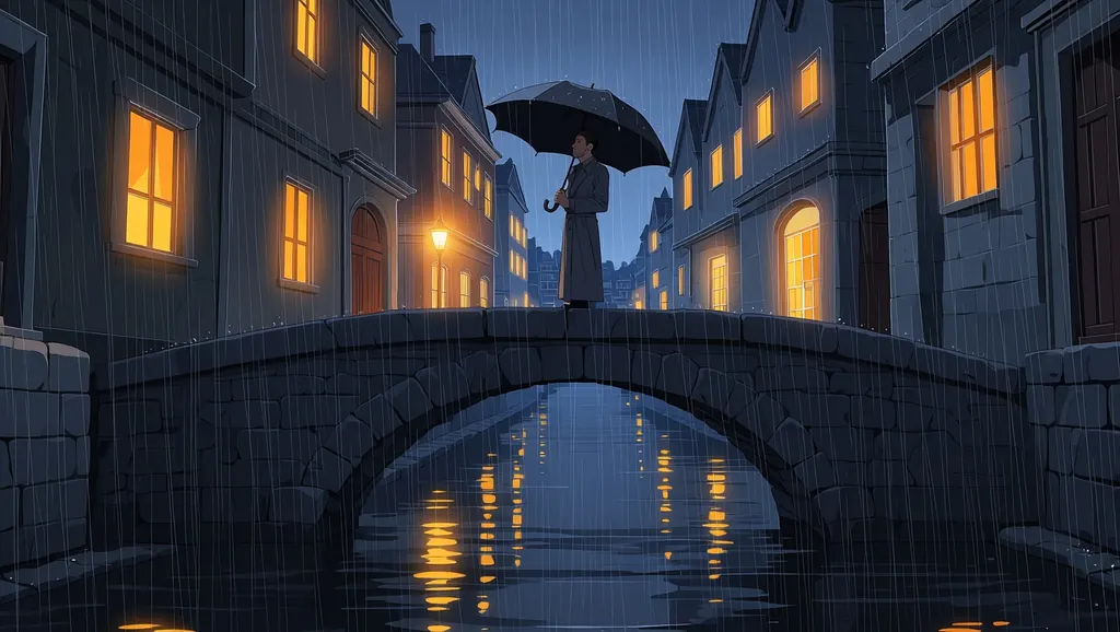 Anime film still of a bearded adult man in his late thirties in a long grey coat standing on an old stone bridge over a river at night in the rain, holding a black umbrella, warm windows of riverside houses glowing, reflections on the wet stone, painted background art, cinematic widescreen composition, no text, no signs, no signature, no watermark