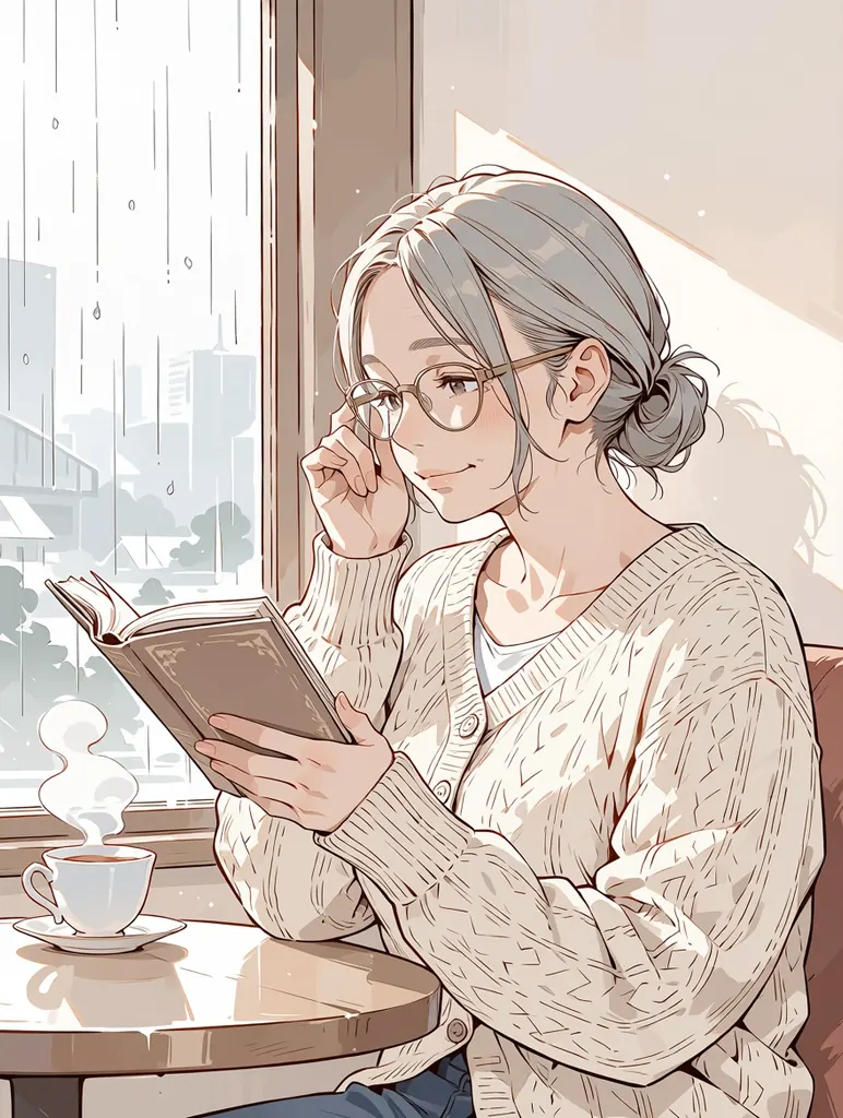 Soft watercolor anime illustration of an older woman in her early fifties with silver-grey hair in a low bun, fine wrinkles around her eyes and reading glasses, wearing a cream knit cardigan, reading a book by a window in a quiet cafe on a rainy afternoon, steam rising from a teacup, gentle pastel washes, delicate ink lines, adult proportions, no text, no signature, no watermark