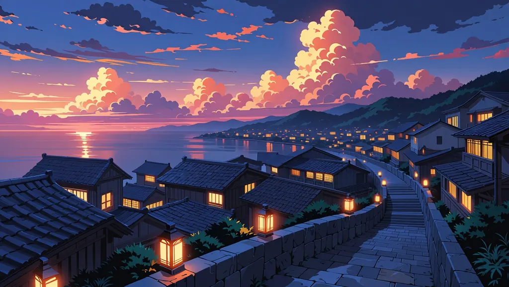 Anime background art of a seaside town on a summer evening, tiled roofs stepping down a hillside to a calm harbor, paper lanterns glowing along a stone staircase, towering cumulus clouds lit pink and gold by the sunset, highly detailed painted scenery, no people, no text, no signs, no signature, no watermark