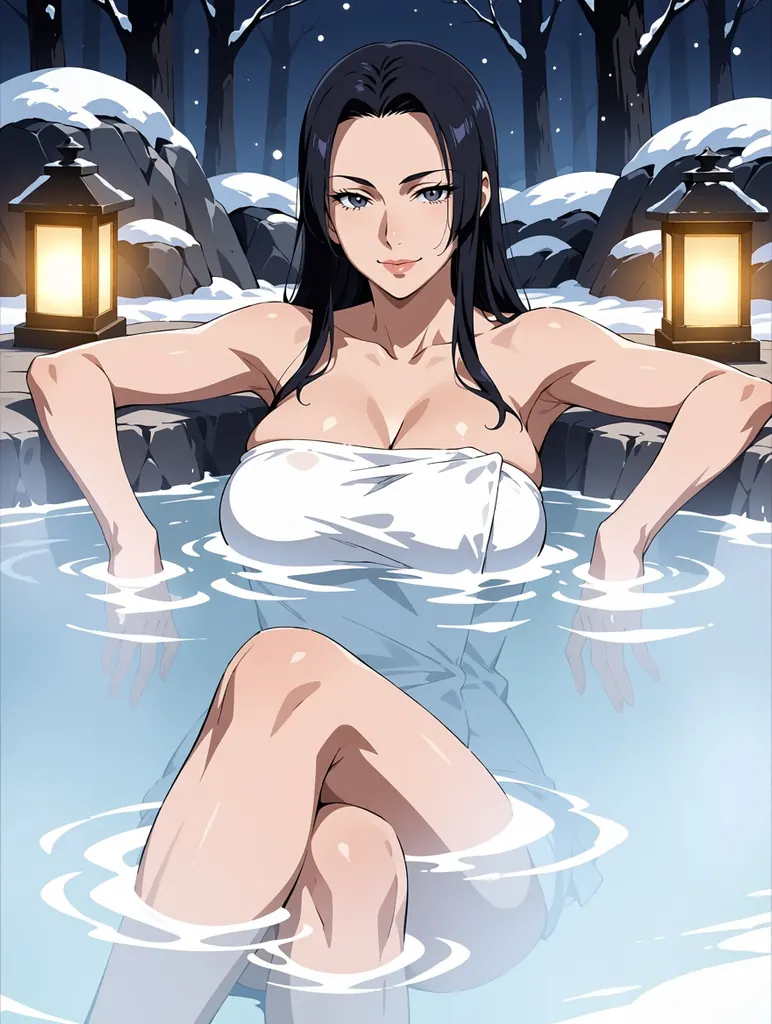 Anime illustration of a confident adult woman in her thirties with a mature face and long black hair, lounging in a steaming outdoor hot spring at night, a white towel wrapped around her, bare shoulders above the water, snow falling on the rocks around her, lanterns glowing, tasteful and suggestive, refined line art, adult proportions, no text