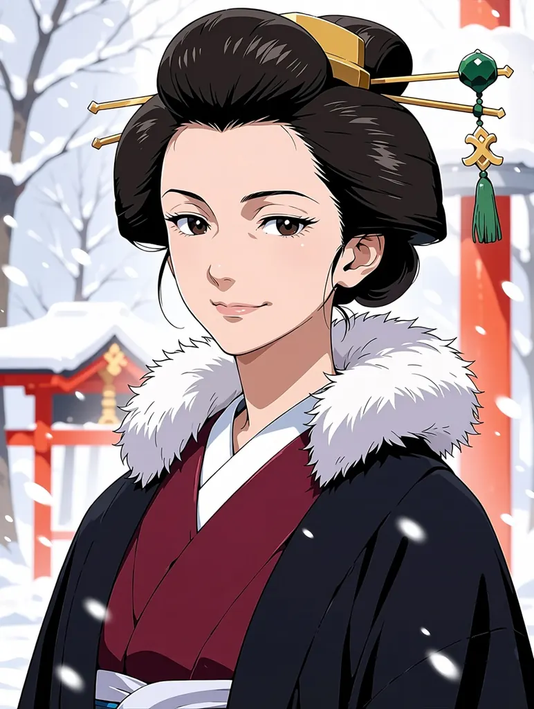 After: Anime illustration of the same mature adult woman in her late thirties with an elegant long face and dark hair pinned up with a jade hairpin, now in a winter scene: a crimson kimono with a white fur stole, heavy snow falling, a red-lacquered shrine gate softly blurred behind her, clean line art, soft cel shading, adult proportions, no text