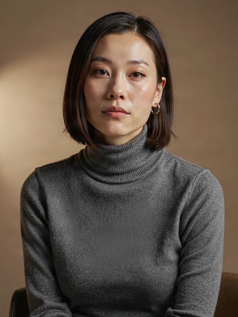 Editorial portrait of a Korean woman in her late thirties with a sleek shoulder-length bob, wearing a charcoal turtleneck and small silver hoop earrings, seated against a warm taupe backdrop, soft key light from the left, calm direct gaze, 85mm lens, fine skin texture