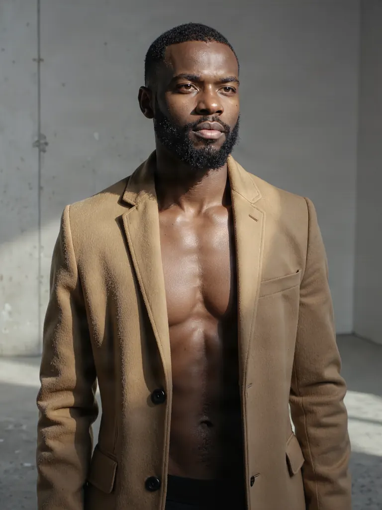 Half-length fashion portrait of a Black man in his late thirties with a trimmed beard, bare chest under an open camel wool coat, standing in a minimalist concrete studio, hard side light, sculpted shadows, editorial photography