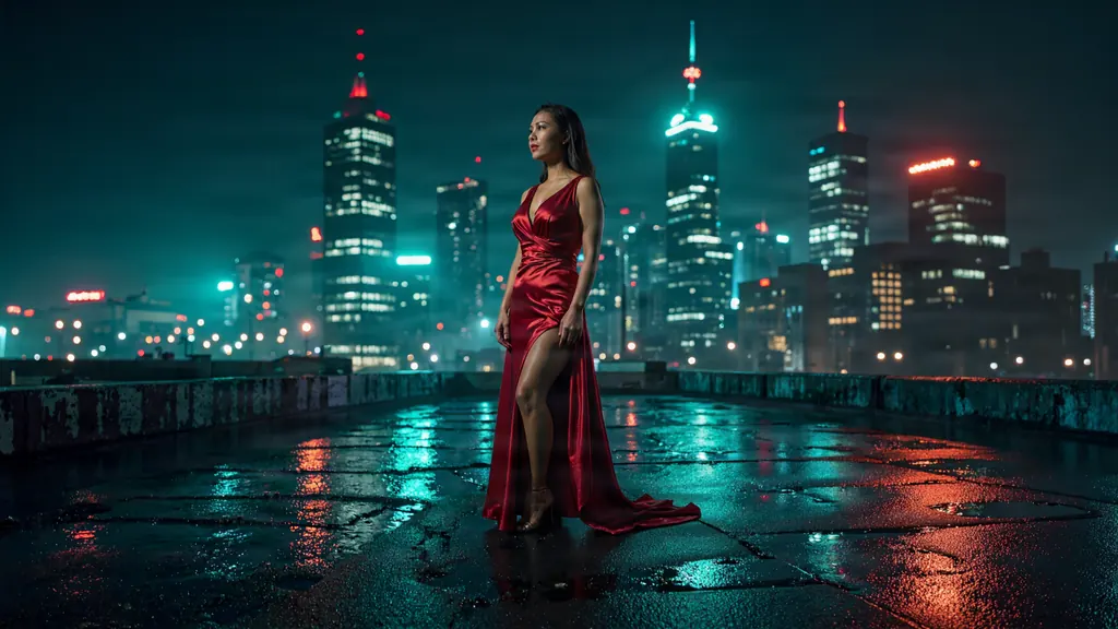 Cinematic wide shot of a woman in her thirties in a crimson evening gown standing on a rain-soaked rooftop at night, the city skyline glowing behind her, wet reflections on the floor, teal and red palette, anamorphic lens look