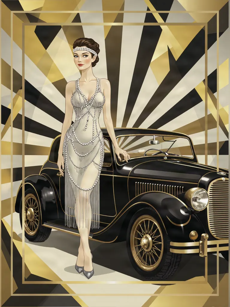 Art deco poster illustration of a woman in her thirties in a silver beaded flapper dress and a long string of pearls, standing upright beside a sleek 1920s roadster with one gloved hand resting on its door, full figure, elegant simple pose, geometric sunburst background, gold, black and cream palette, no text