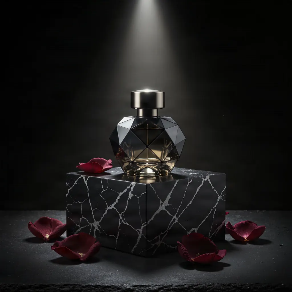 Luxury perfume bottle of faceted smoked glass on a black marble plinth with scattered dark red rose petals, a single beam of hard light from above, deep shadows, commercial product photography, no text, no logo, no label