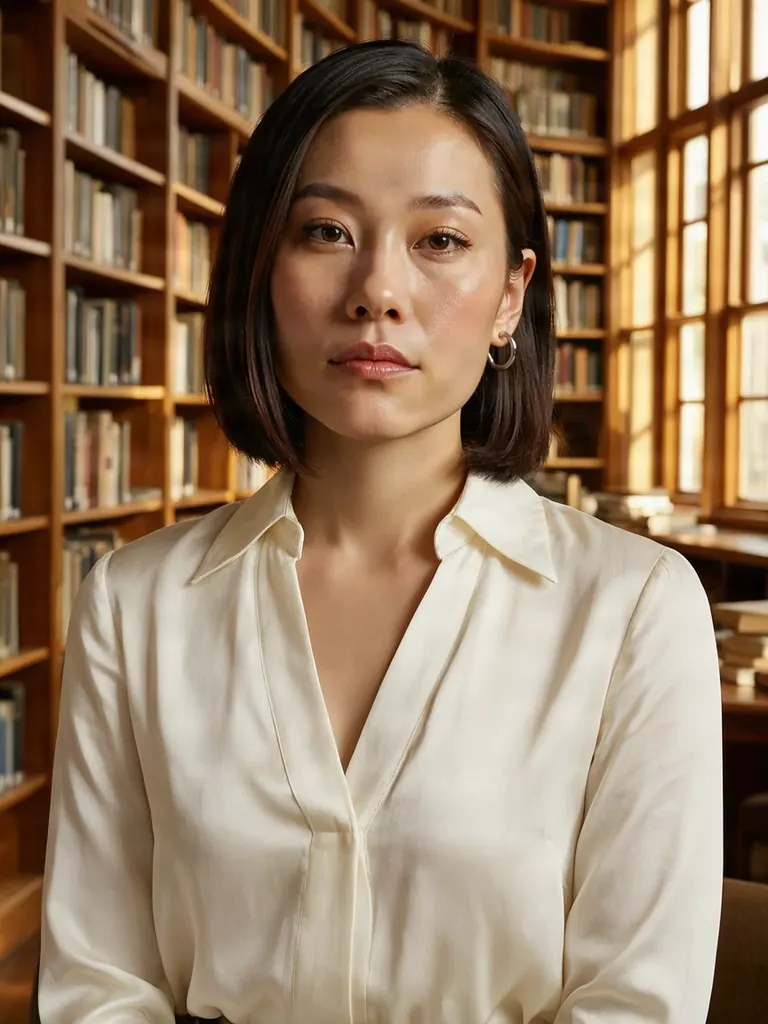 After: Change her turtleneck to an ivory silk blouse with an open collar and replace the backdrop with a sunlit library of tall wooden bookshelves; keep her face, hairstyle, earrings and pose unchanged
