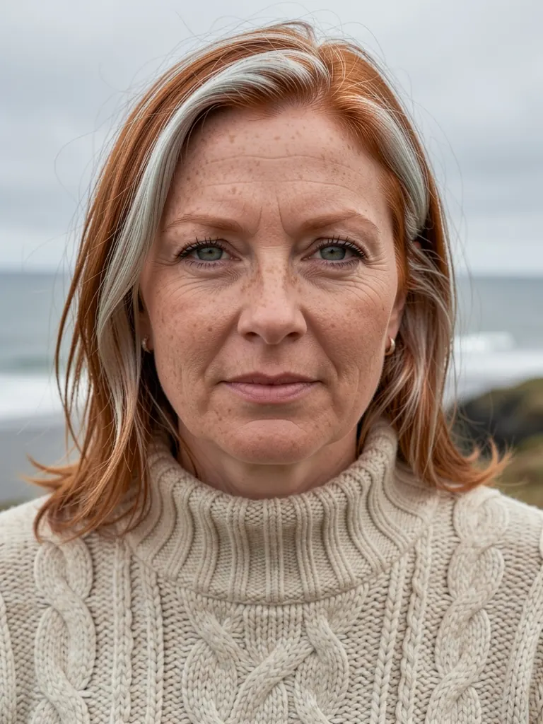 Detailed close-up portrait of a Scottish woman in her early forties with silver-streaked red hair, freckles and grey-green eyes, wearing a cable-knit fisherman sweater, overcast coastal light, fine skin texture and individual hair strands, 100mm lens, photorealistic