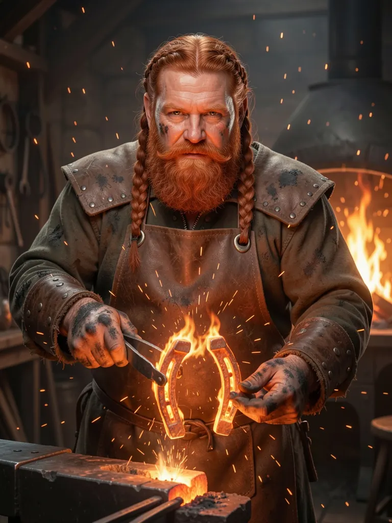 Highly detailed fantasy portrait of a dwarven blacksmith man in his forties with a braided red beard and soot on his forearms, leather apron, holding a glowing horseshoe in tongs at a roaring forge, sparks in the air, photoreal concept art