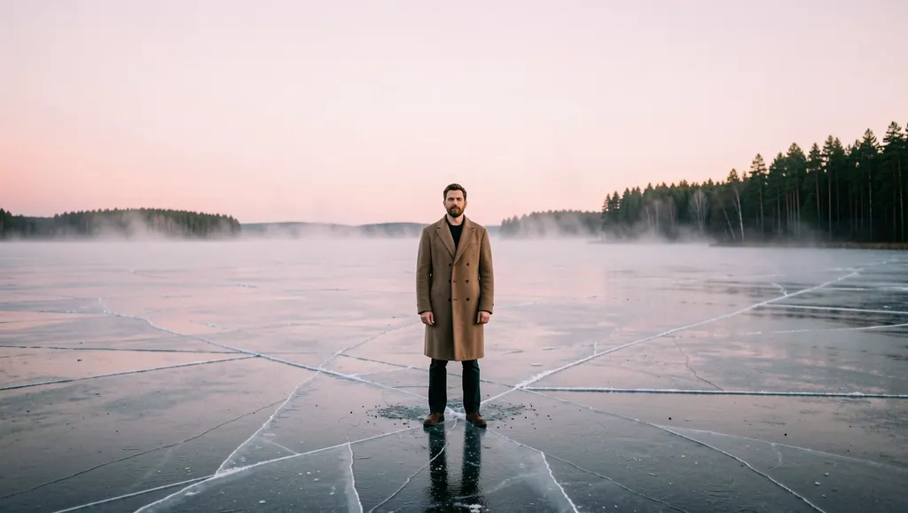 Cinematic wide shot of a man in his thirties in a wool overcoat standing on a frozen lake at dawn, pale pink sky, mist rising from cracks in the ice, distant pine forest, extremely fine detail, quiet and vast, 65mm film look