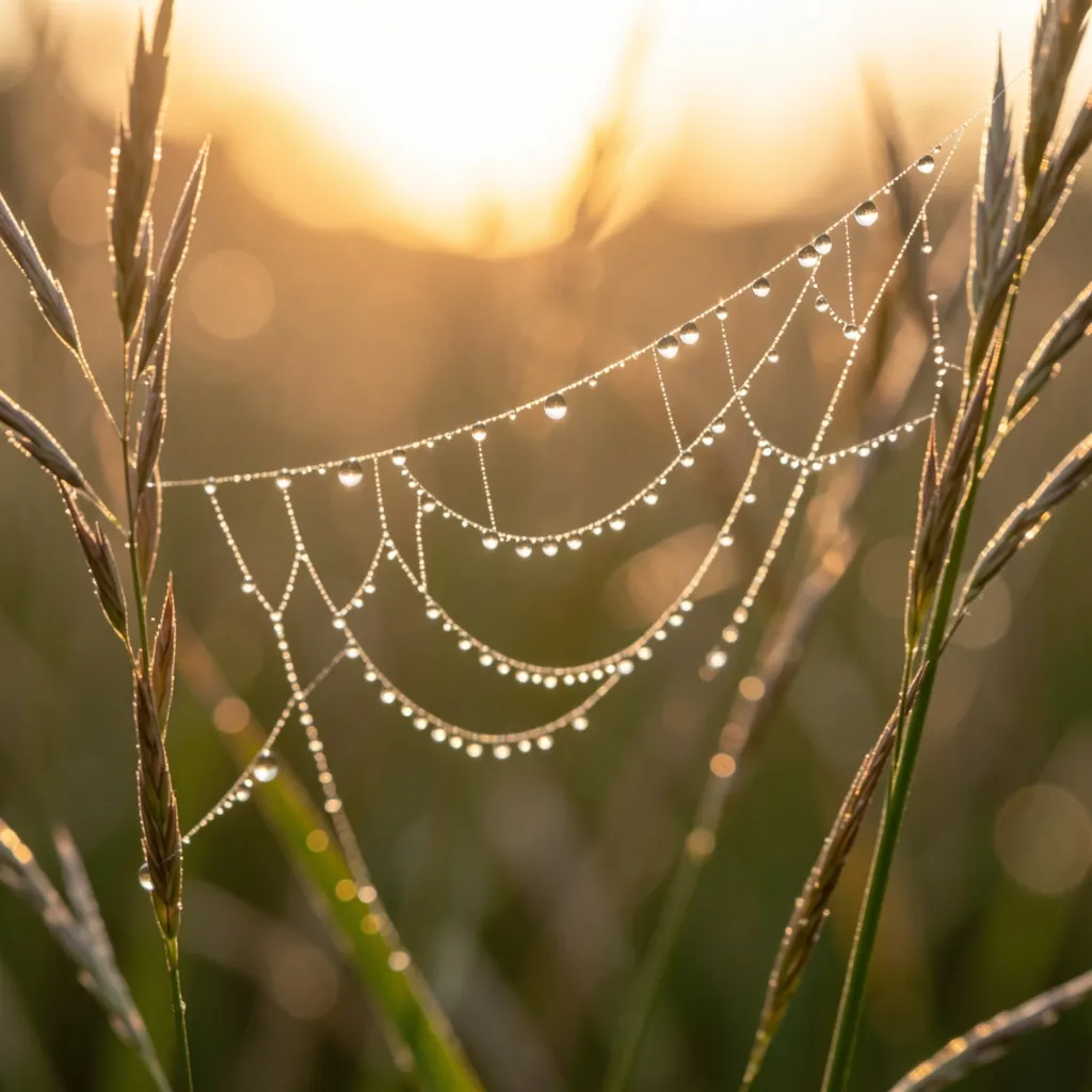 Macro photograph of morning dew drops on a spider web strung between wild grass stems, each droplet reflecting the sunrise, soft creamy bokeh, ultra-fine detail