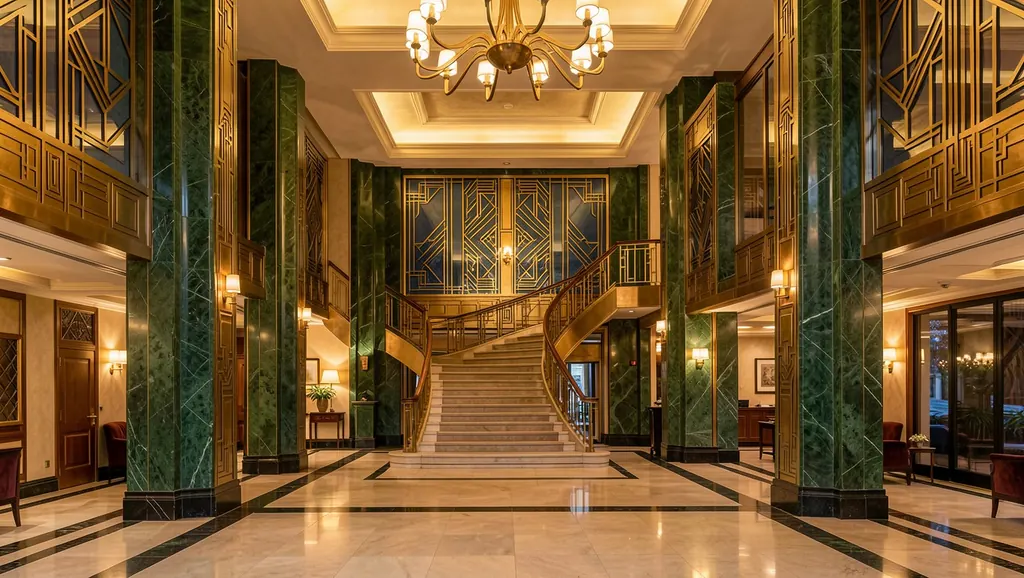 Detailed architectural photograph of an ornate Art Deco hotel lobby with geometric brass inlays, green marble columns and a sweeping staircase, warm evening light, no people, no text, no signs