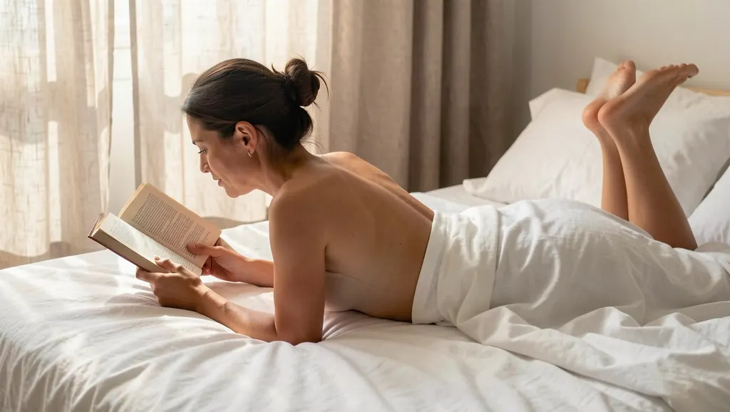 A woman in her thirties lying on her stomach on rumpled white sheets, reading a paperback, her bare back and shoulders in soft afternoon light through linen curtains, the sheet draped at her waist, intimate and tasteful, fine detailed photography