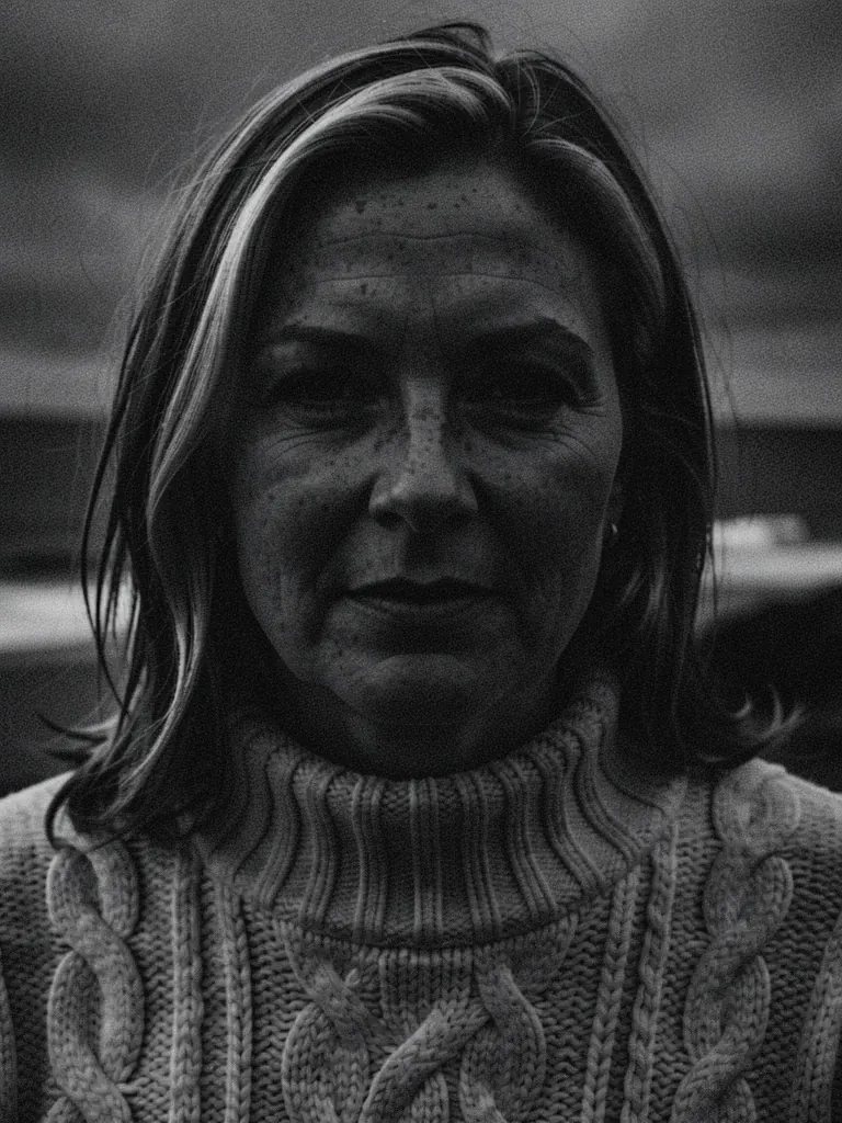 After: Restyle the photo as a moody black-and-white portrait with deep shadows and fine film grain; keep her face, the sweater and the framing
