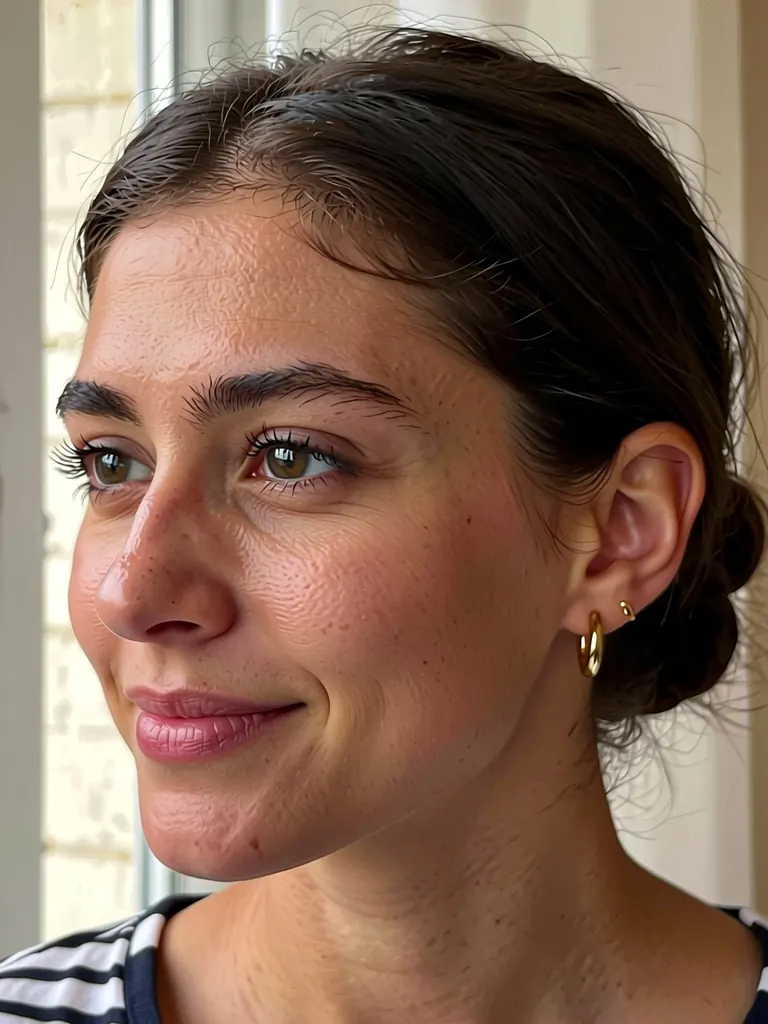 Close-up portrait of a Korean woman in her mid-thirties with a sleek low bun and small gold earrings, soft window light, natural skin texture, calm smile, 85mm photograph