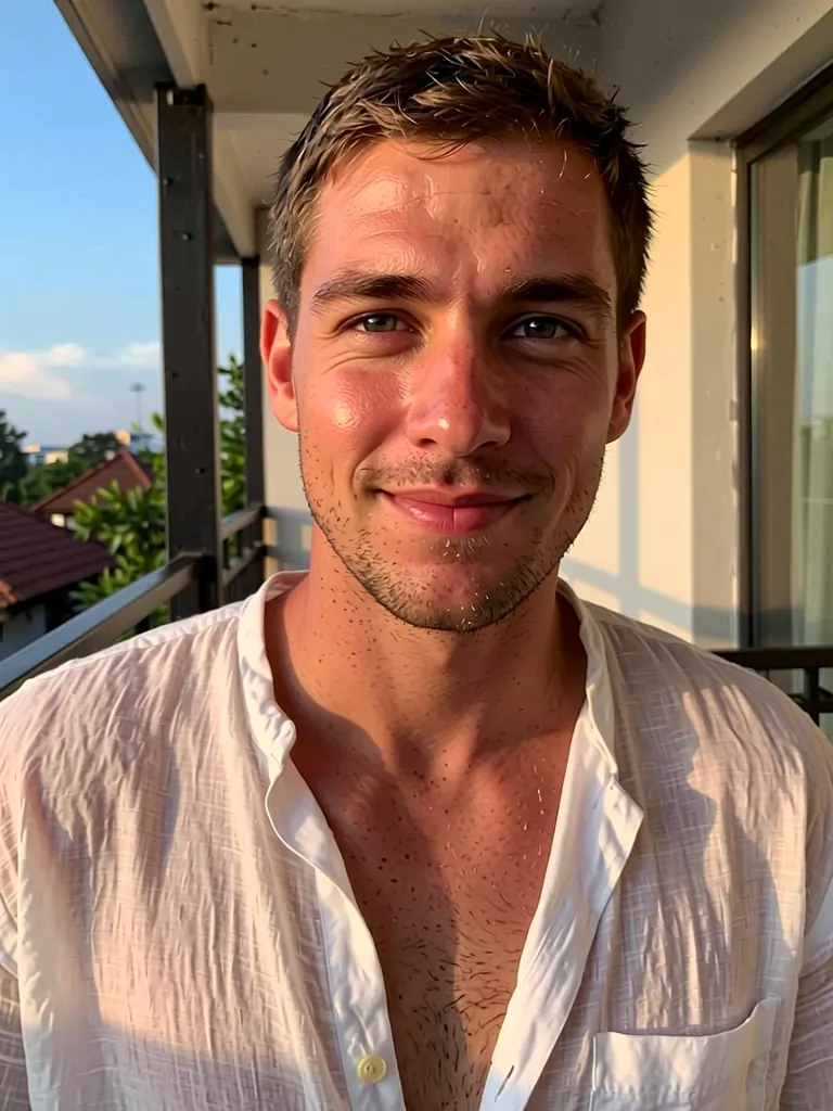 Half-length portrait of a Thai man in his late thirties with short hair and light stubble, wearing an open white linen shirt on a sunlit balcony, warm evening light, relaxed smile, shallow depth of field