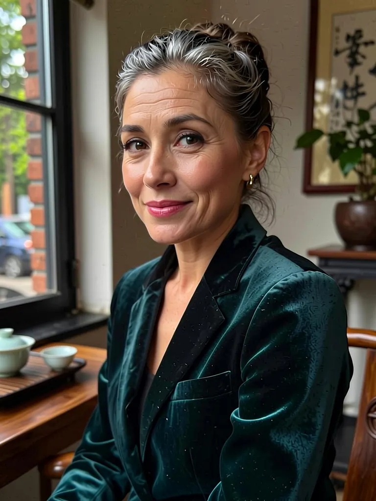 Portrait of an elegant Chinese woman in her late forties with silver-streaked hair in a chignon and fine smile lines, wearing a deep green velvet blazer, seated in a quiet tea house, soft daylight, dignified gaze, photorealistic