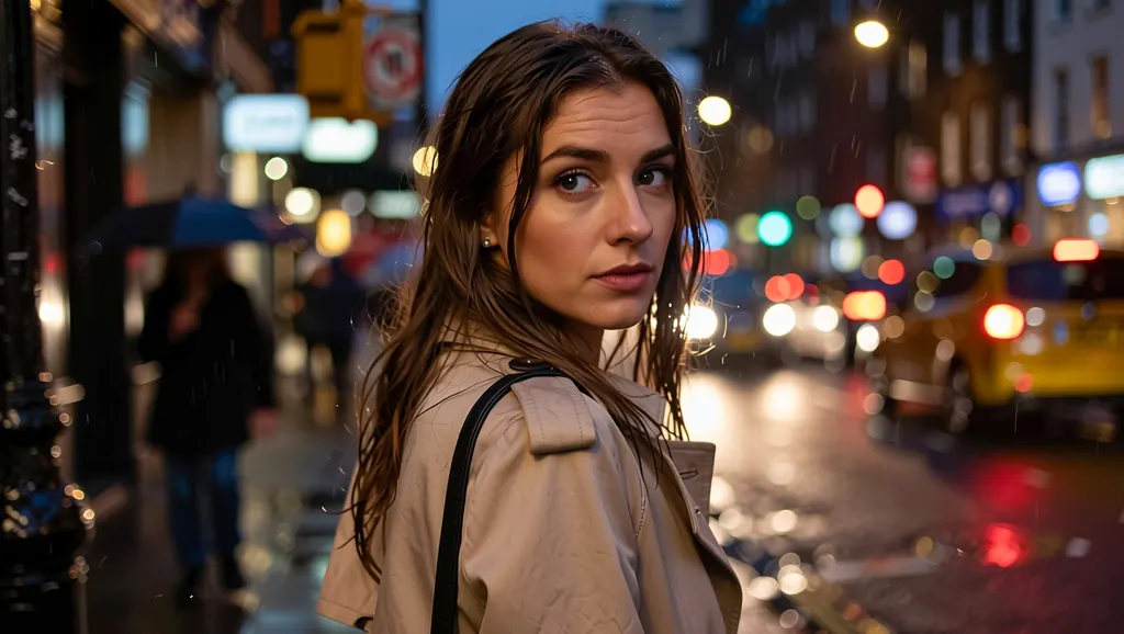 Cinematic still of a woman in her thirties in a beige trench coat looking back over her shoulder on a city street at night in the rain, wet hair, blurred bokeh lights, 35mm film look, no signs, no text