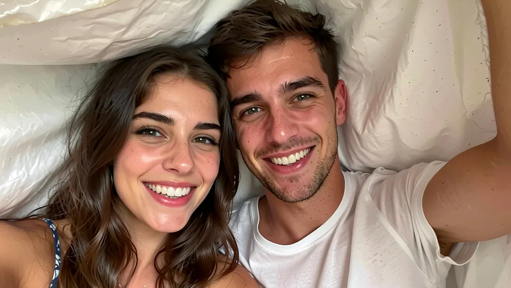 Candid photo of a couple in their thirties laughing together under white sheets in a bright loft, morning light, natural faces, soft and warm, lifestyle photography
