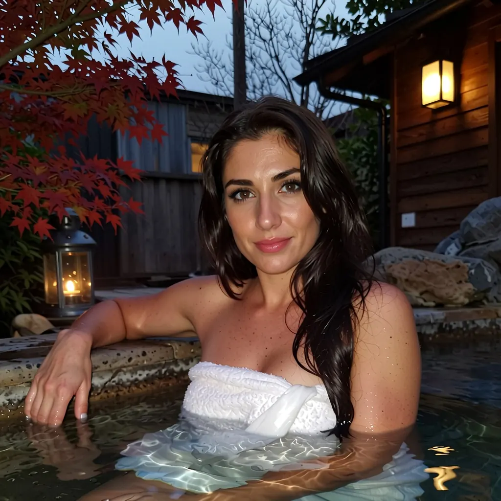 A woman in her thirties with a mature confident face and long dark hair relaxing in a steaming outdoor hot spring at dusk, a white towel wrapped around her, bare shoulders above the water, red maple leaves, soft lantern light, tasteful and suggestive, photorealistic