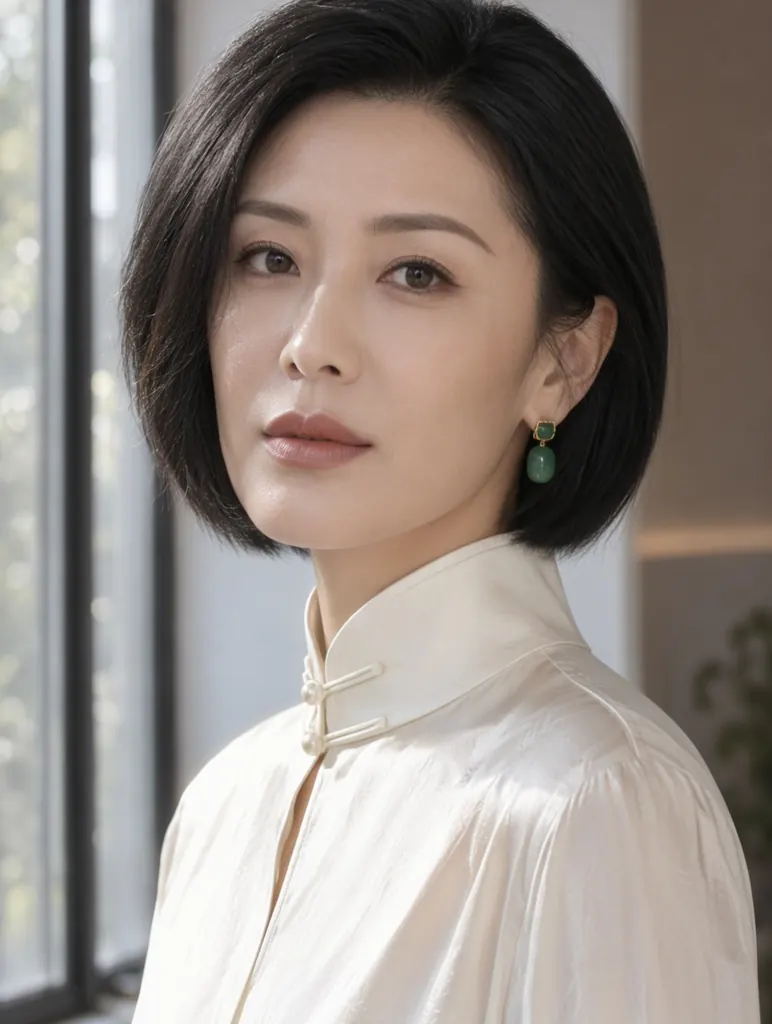 Close-up editorial portrait of a Chinese woman in her late thirties with a sleek black bob and jade earrings, wearing a high-collared ivory silk blouse, soft window light from the left, calm direct gaze, fine skin texture, 85mm photograph