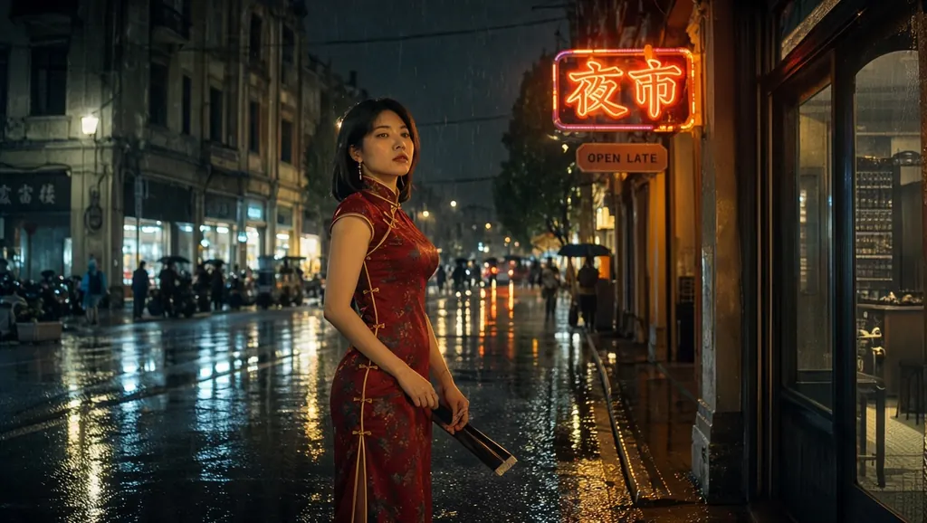 Rainy night street in an old Asian city, a woman in her thirties in a red qipao standing under a glowing neon sign that reads '夜市' and a smaller sign reading 'OPEN LATE', reflections on the wet pavement, cinematic photo