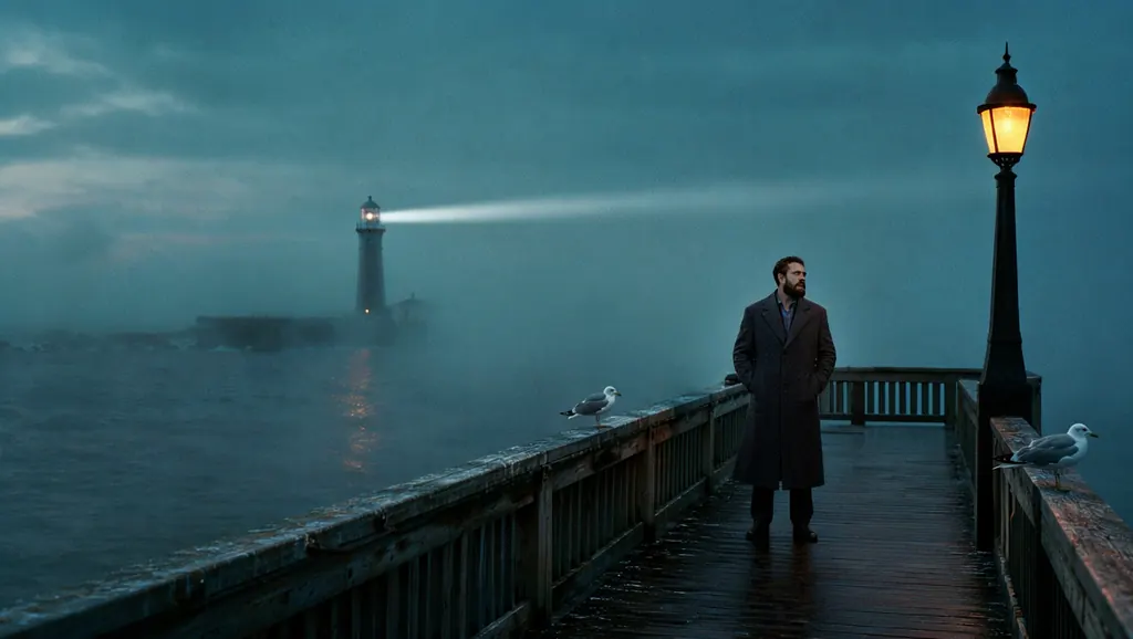 A bearded man in his late thirties in a charcoal wool coat stands at the end of an empty wooden pier at blue hour, fog rolling over the water, a single lamp post glowing amber beside him, a distant lighthouse beam cutting through the mist, gulls resting on the railing, muted teal palette, 35mm film grain