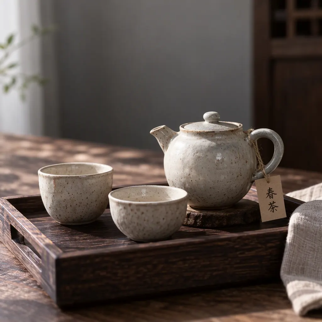 A handmade ceramic tea set on a dark wooden tray beside a folded linen cloth, a small paper tag tied to the teapot handle with the handwritten characters '春茶', soft side light, quiet still-life photography, no logo