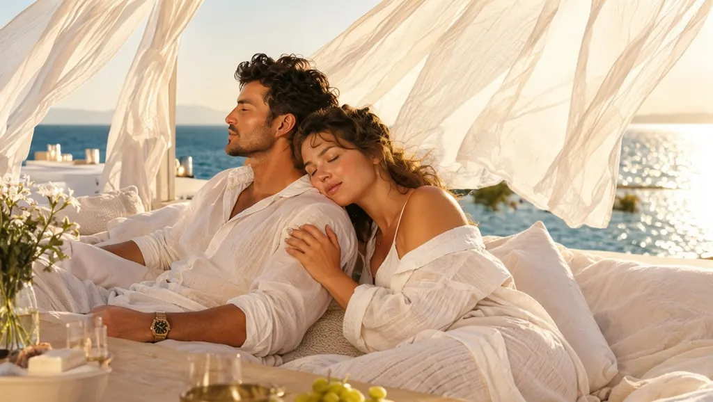 A couple in their thirties in white linen lounging on a sunlit terrace daybed by the sea, her head resting on his shoulder, bare shoulders, sheer curtains moving in the breeze, warm afternoon light, intimate and tasteful, photorealistic