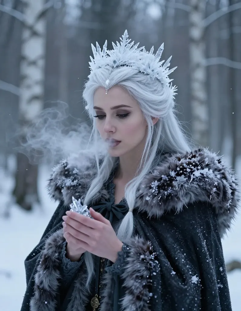 Photorealistic fantasy portrait of a woman in her thirties as a winter witch with frost-white hair, a crown of ice crystals and a dark fur-lined cloak, her breath visible in the cold air, snowy birch forest at twilight, crisp detail