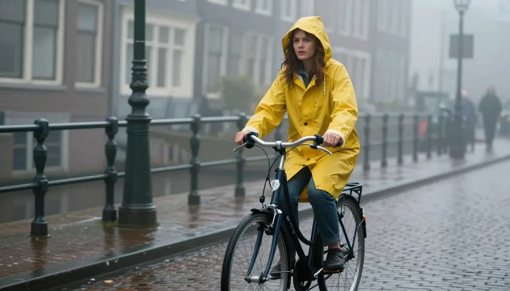 Cinematic still of a woman in her thirties in a yellow raincoat riding a bicycle through a misty Amsterdam-style canal street at dawn, soft fog, wet cobblestones, sharp focus, muted film colors, no signs, no text