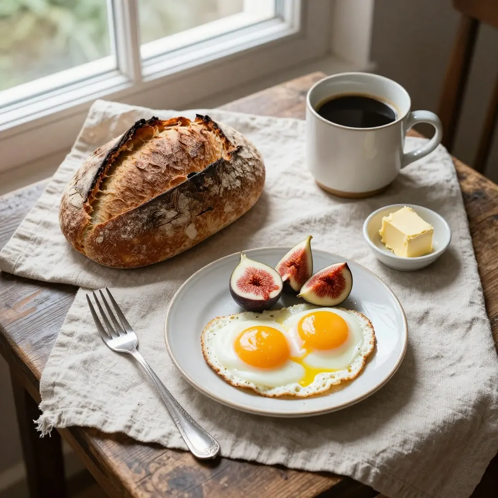 Overhead shot of a rustic breakfast table with a sourdough loaf, soft-boiled eggs, butter, figs and a pot of coffee on a linen cloth, bright morning window light, crisp food photography