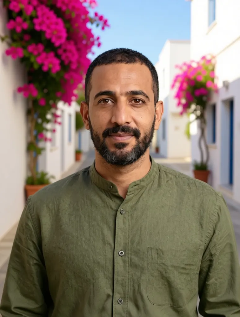 After: Replace the grey backdrop with a sunlit Mediterranean street with whitewashed walls and bougainvillea; keep the man, his shirt and his pose exactly the same