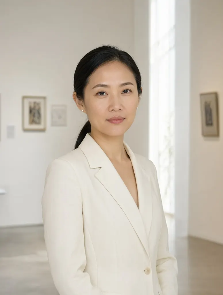 Editorial portrait of a Vietnamese woman in her mid-thirties with a sleek low ponytail and small pearl earrings, wearing a tailored ivory blazer, standing in a sunlit gallery with white walls, soft natural light, calm direct gaze, 85mm lens, photorealistic skin texture