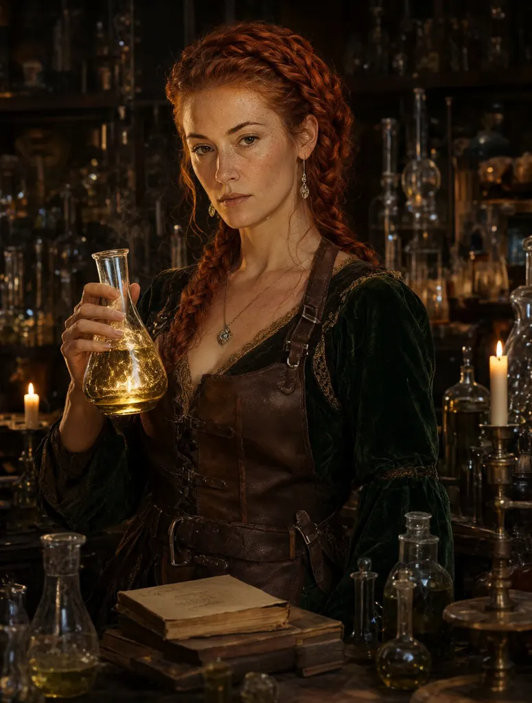 Fantasy portrait of an alchemist woman in her late thirties with copper-red braided hair and freckles, a leather apron over a green velvet dress, holding a glowing flask in a candlelit laboratory full of glass vessels and old books, photoreal fantasy concept art