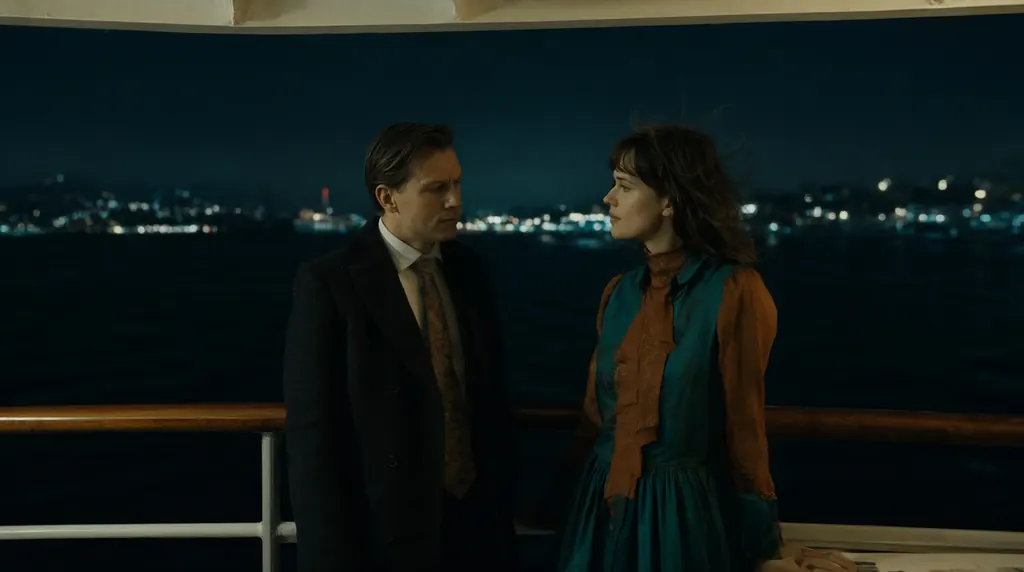Cinematic still of a man and a woman in their thirties in evening wear sharing a quiet moment on the deck of a night ferry crossing a harbor, city lights glittering on the dark water behind them, wind in her hair, teal and amber color grade, 35mm film look