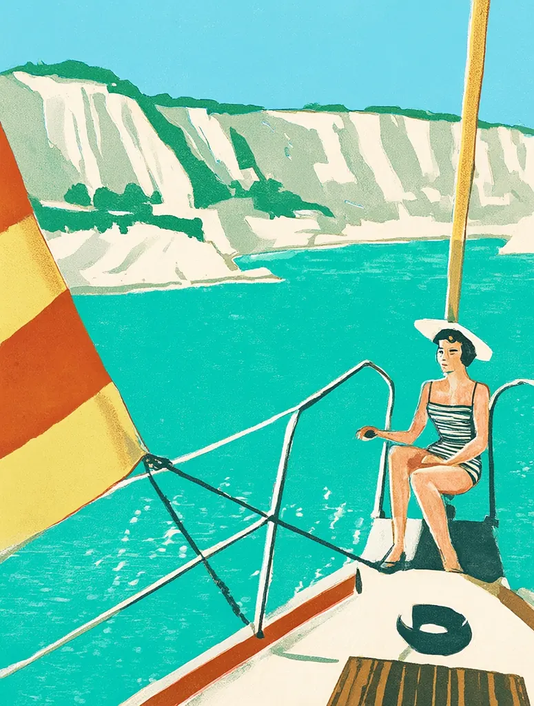 Mid-century travel poster illustration of a woman in her thirties in a wide-brimmed sun hat and a striped swimsuit seated on a sailboat bow, a turquoise bay and white cliffs behind her, bold flat colors, screen-print texture, no text, no lettering