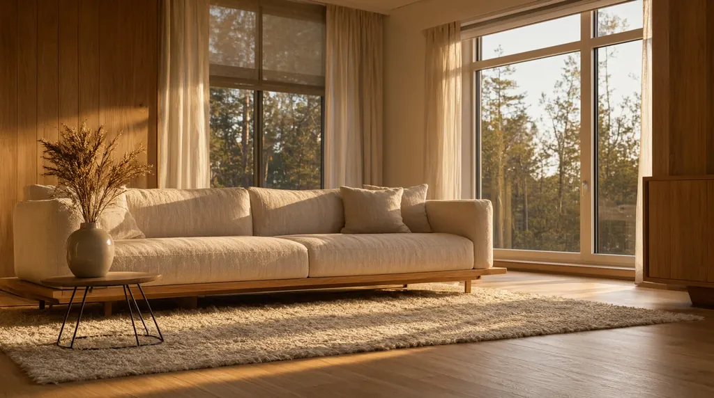 Photorealistic interior of a modern Scandinavian living room at golden hour, a low linen sofa, a wool rug, a ceramic vase with dried grasses, tall windows with a forest view, warm sunlight raking across oak floors, architectural photography, no text