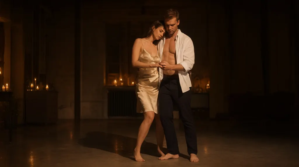 A couple in their thirties slow dancing barefoot in a candlelit loft at night, her silk camisole and his open white shirt, her head resting on his shoulder, soft warm glow and deep shadows, intimate but tasteful, photorealistic