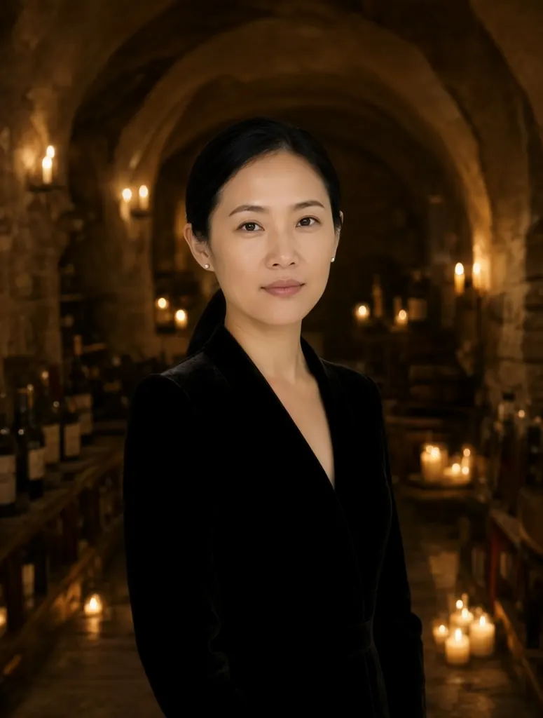 After: Change her ivory blazer to a black velvet evening dress and turn the gallery into a candlelit wine cellar with stone arches; keep her face, hairstyle, earrings and pose unchanged