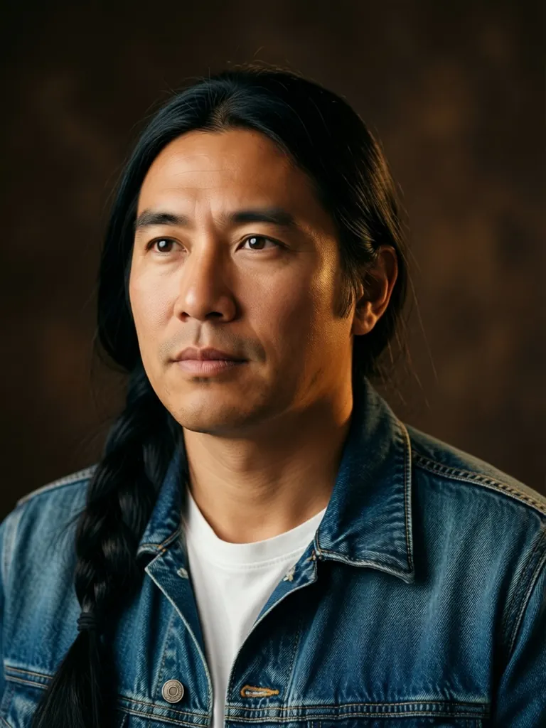 Studio portrait of a Native American man in his late thirties with long black hair tied back, a denim jacket over a white t-shirt, warm side light against a dark brown backdrop, thoughtful expression, medium format photography