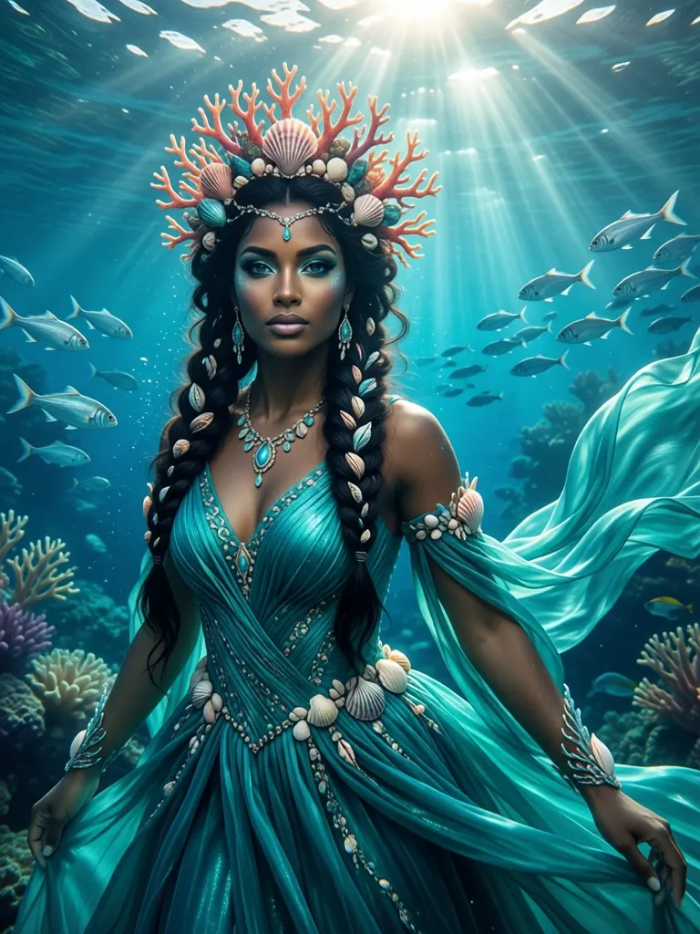 Underwater sea queen in her thirties with dark skin, braided hair woven with shells and a coral crown, a flowing turquoise gown, rays of sunlight piercing the water, schools of silver fish, detailed fantasy concept art