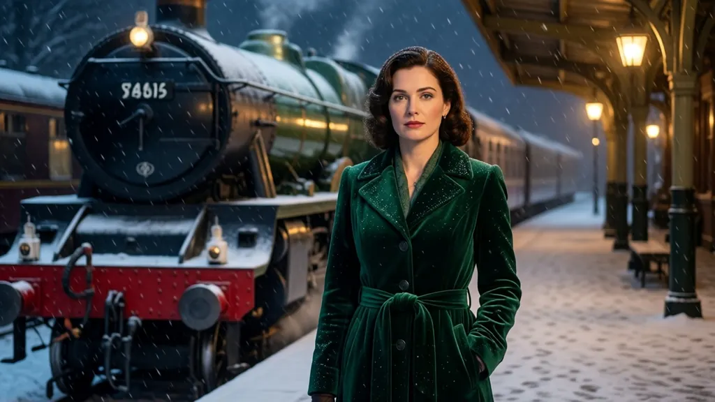 Cinematic still of a woman in her thirties in a green velvet coat standing on a train platform in heavy snow at night, a vintage steam train behind her, warm lantern light, 1940s film look, no signs, no text
